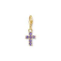 Charm-Anhänger Kreuz mit violetten Steinen vergoldet