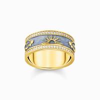 Ring blau mit kosmischen Symbolen vergoldet