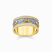 Ring blau mit kosmischen Symbolen vergoldet