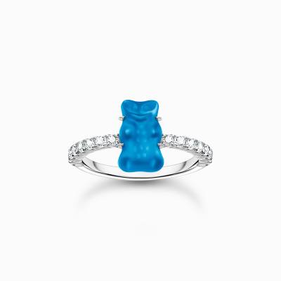 Ring mit blauem Mini-Goldbären und Steinen Silber