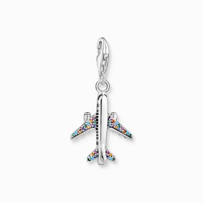 Charm-Anhänger mit buntem Flugzeug Silber